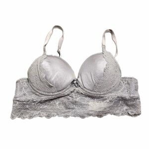 90s/Y2K European Vintage Flame Silky Lace Longline Corset Push-Up Bra Silver 34A